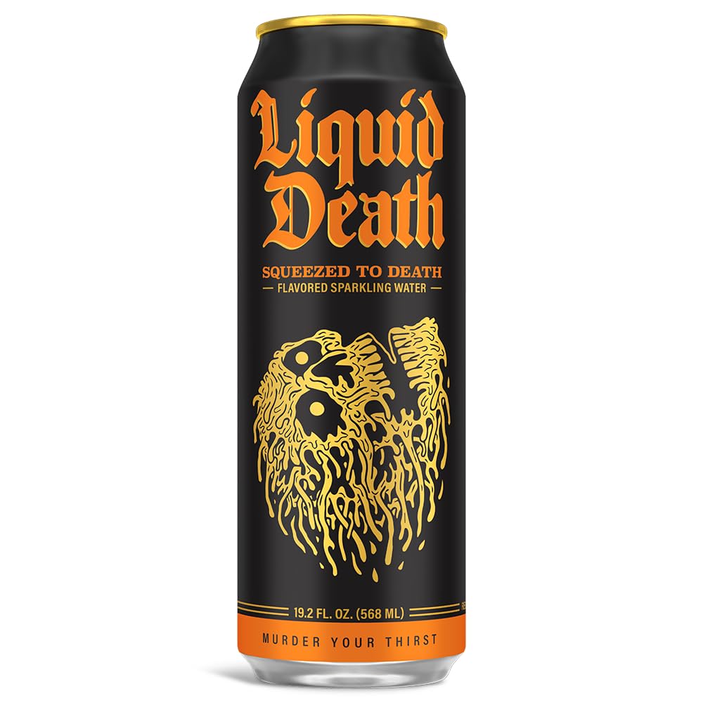 Liquid Death, Squeezed To Death Sparkling Water, 8-Pack (King Size 19.2Oz Cans), Orange Flavored Sparkling Beverage Sweetened Wi