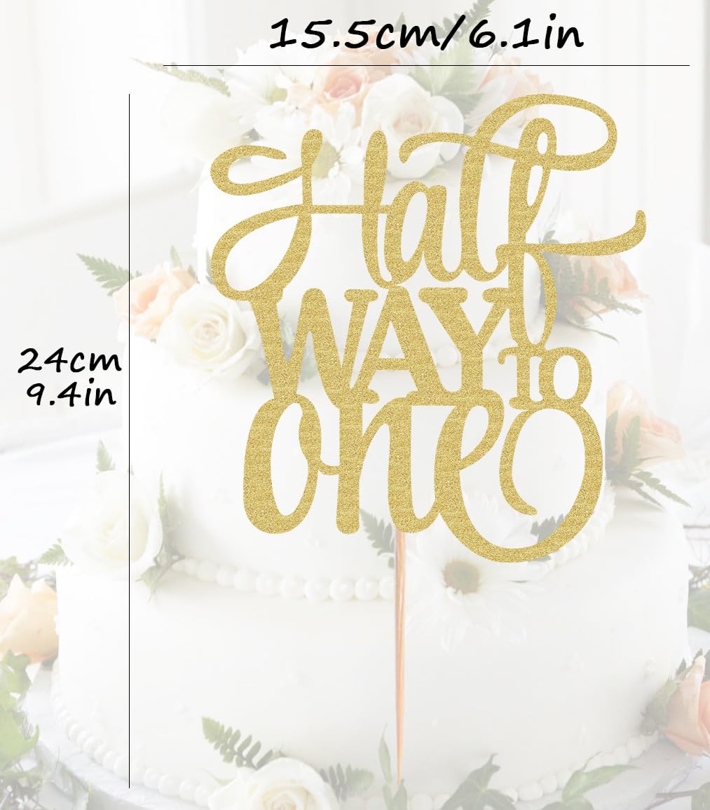 Ahaoray Half Way To One Cake Topper - Gold Glitter 6 Months Birthday Decorations Supplies - Half Birthday Decorations Baby Girl, For Baby Shower/Gender Reveal Party Photo Booth Props