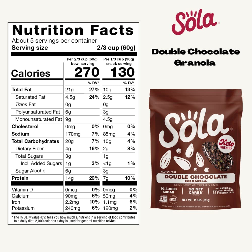 Sola Low Carb & Keto Friendly Granola, Double Chocolate - Low Sugar, Naturally Flavored, Gluten Free & No Artificial Colors, Fla