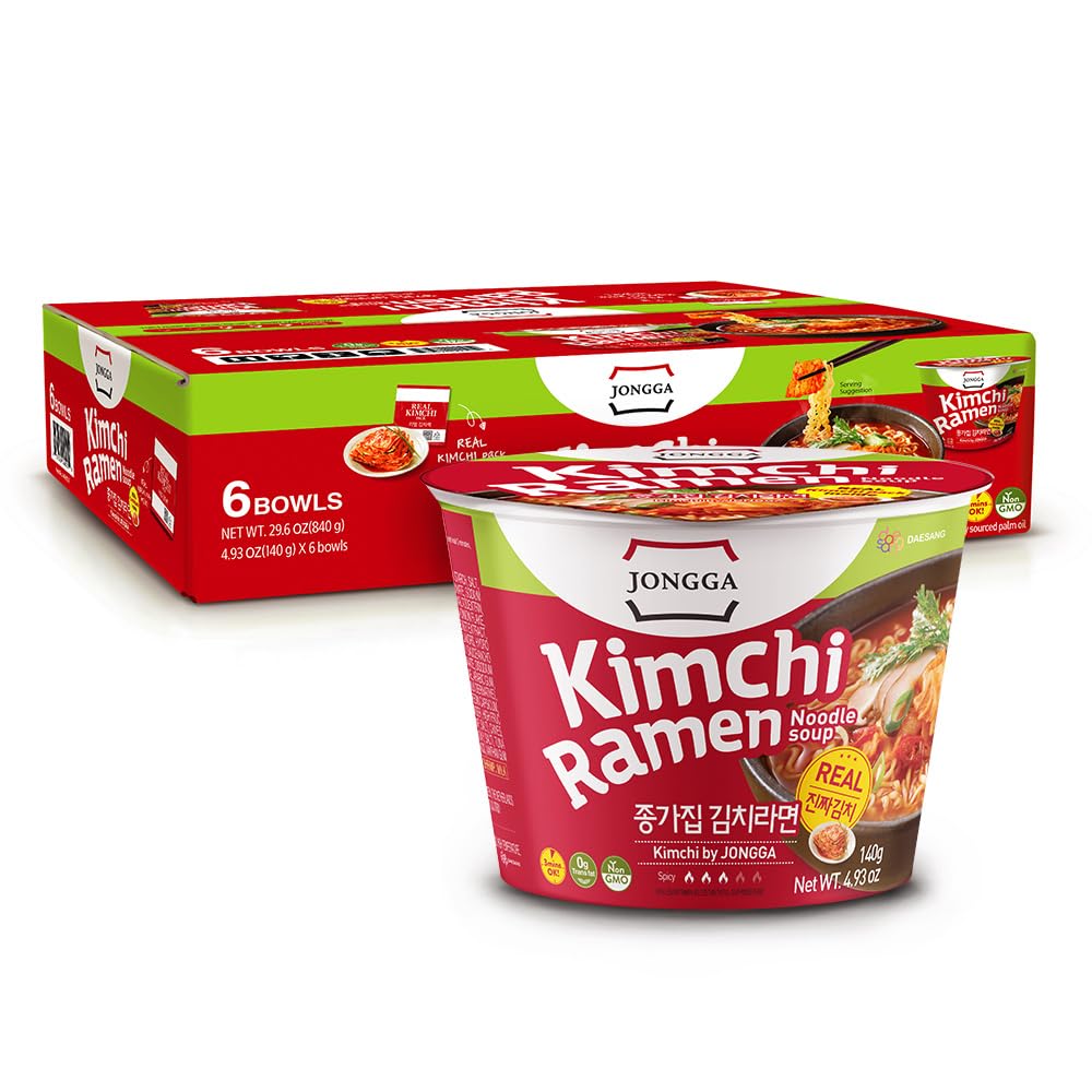 Jongga Kimchi Ramen With Real Kimchi 4.9 Oz Pack Of 6, Korean Instant Hot And Spicy Noodle Soup, Authentic Savory Ramen Bowl, Qu