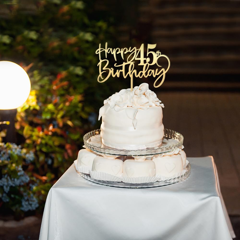 Happy 45Th Birthday Cake Topper,Mirrored Gold Acrylic Durable Cake Topper,45Th Birthday Party Cake Decorations,Hello 45Th Years