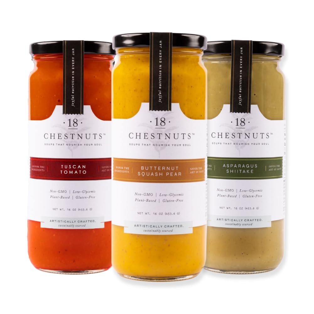 18 Chestnuts Plant Based Soup - Tuscan Tomato, Asparagus Shiitake, and Butternut Squash Pear Soup Bundle, Plant Based & Gluten F