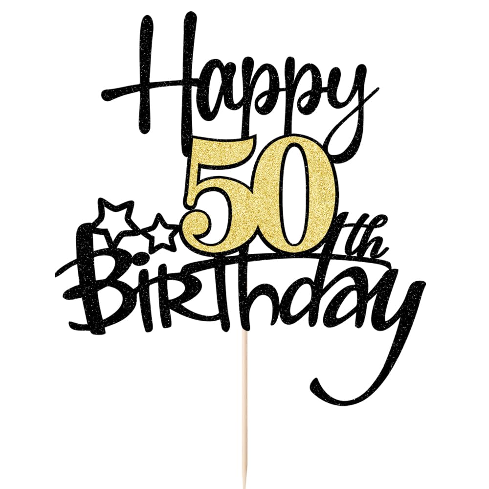 Kaoenla Black Gold Glitter Happy 50Th Birthday Cake Topper - Hello 50/Cheers50,Happy Fifty Birthday Anniversary,50 Years Old Bir