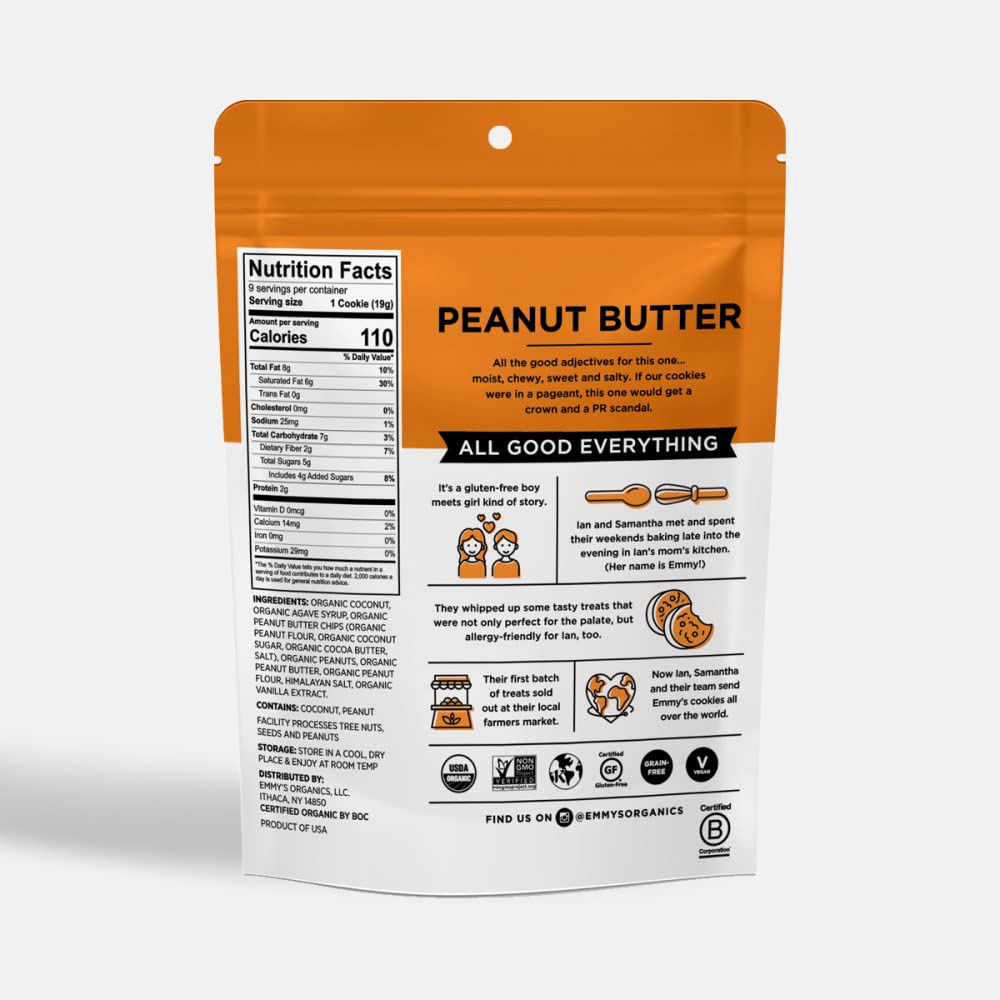 Emmys Organics, Coconut Cookies - Peanut Butter, 6 oz (Pack of 2) | Gluten-Free Organic Cookies, Vegan, Paleo-Friendly