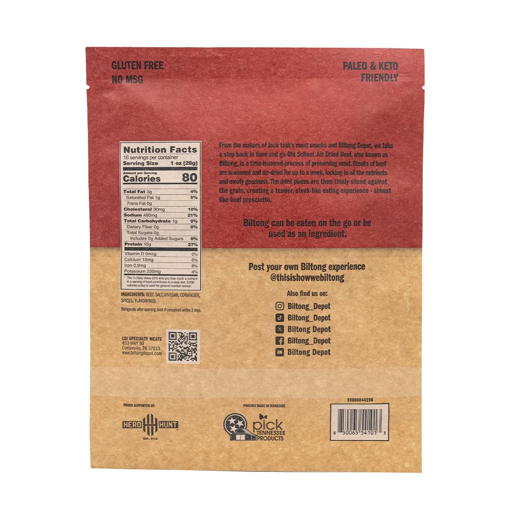 Biltong Depot - Traditional Beef Biltong (With Fat) 1Lb (16Oz) Paleo And Keto Friendly/No Preservatives, No Msg, No Gluten, No N