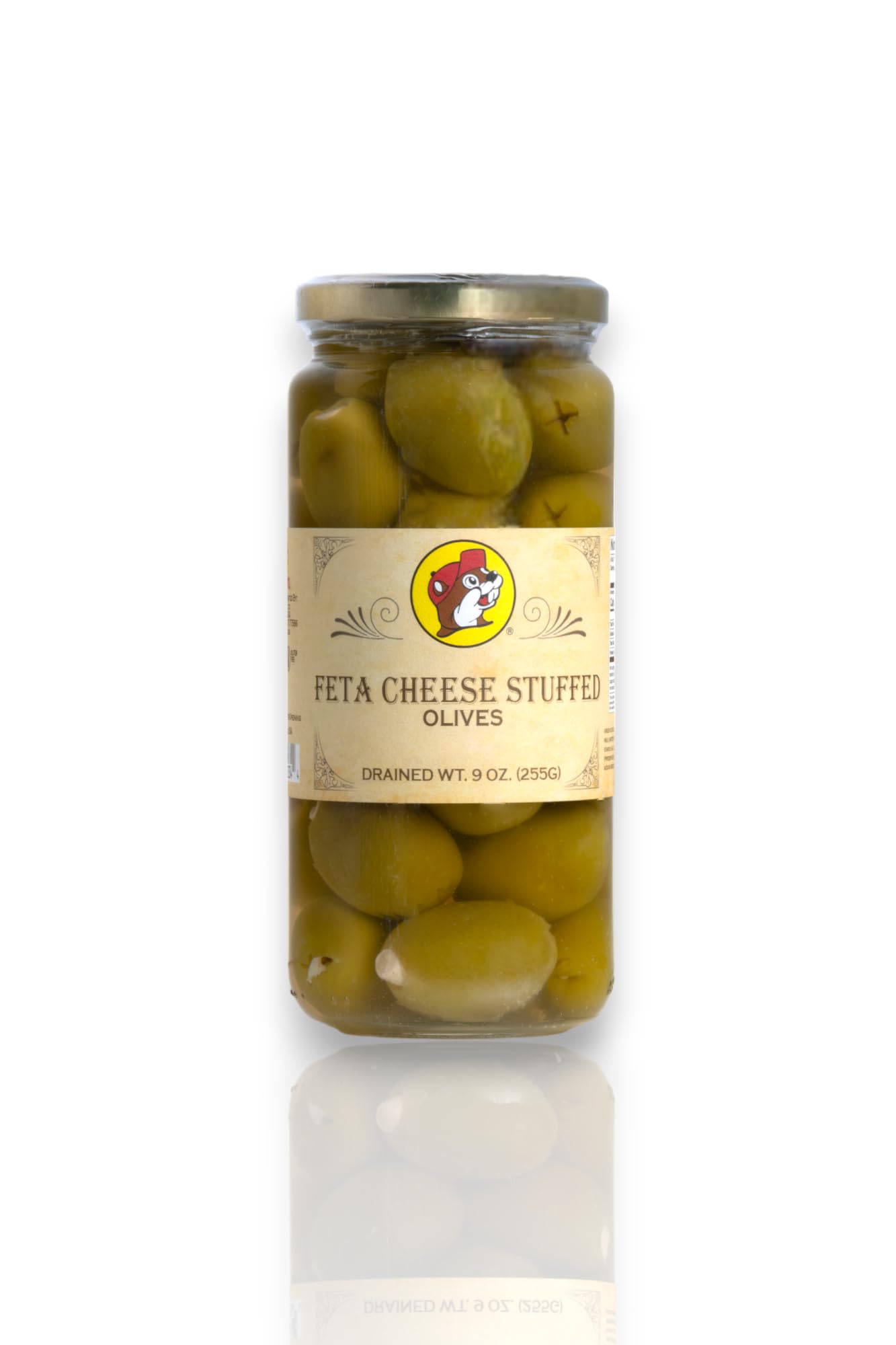 Buc-ees Feta Cheese Stuffed Olives, Creamy & Savory, Pickled, Gluten-Free, 9 oz, 3x3x6 inches