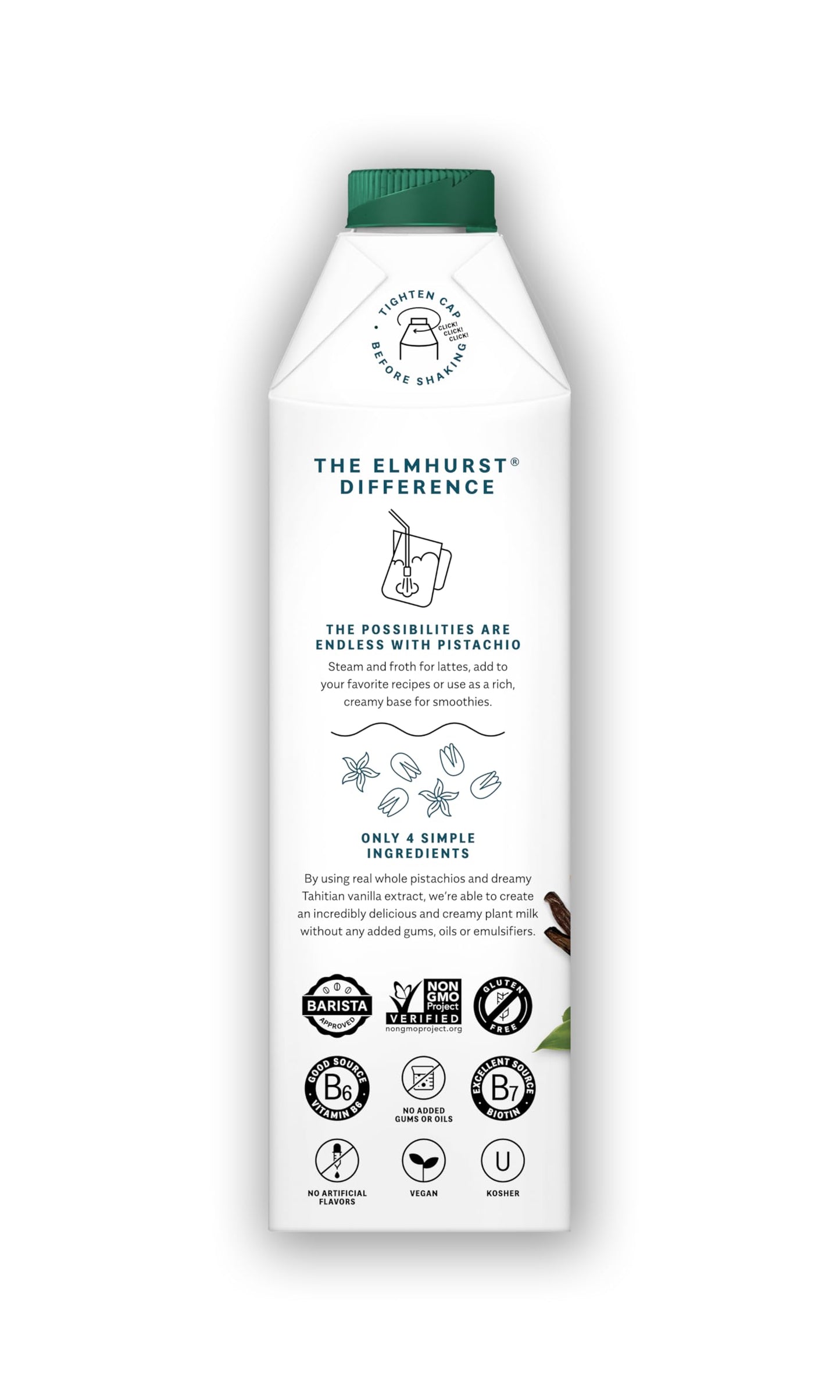 Elmhurst 1925 Vanilla Pistachio Milk Unsweetened - 32 Ounce (Pack of 6) Dairy-Free  Vegan  Kosher  Shelf Stable Milk Made w/Vanilla  Water & Pistachio for Healthier  Simpler Plant-Based Alternatives