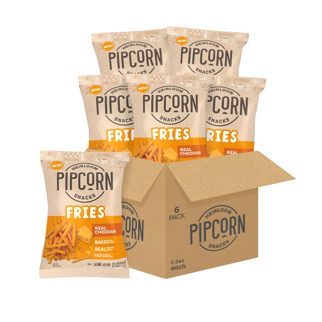 Pipcorn Heirloom Baked Cheddar Fries - Gluten Free, Non-GMO, Vegan - 5oz (Pack of 6)