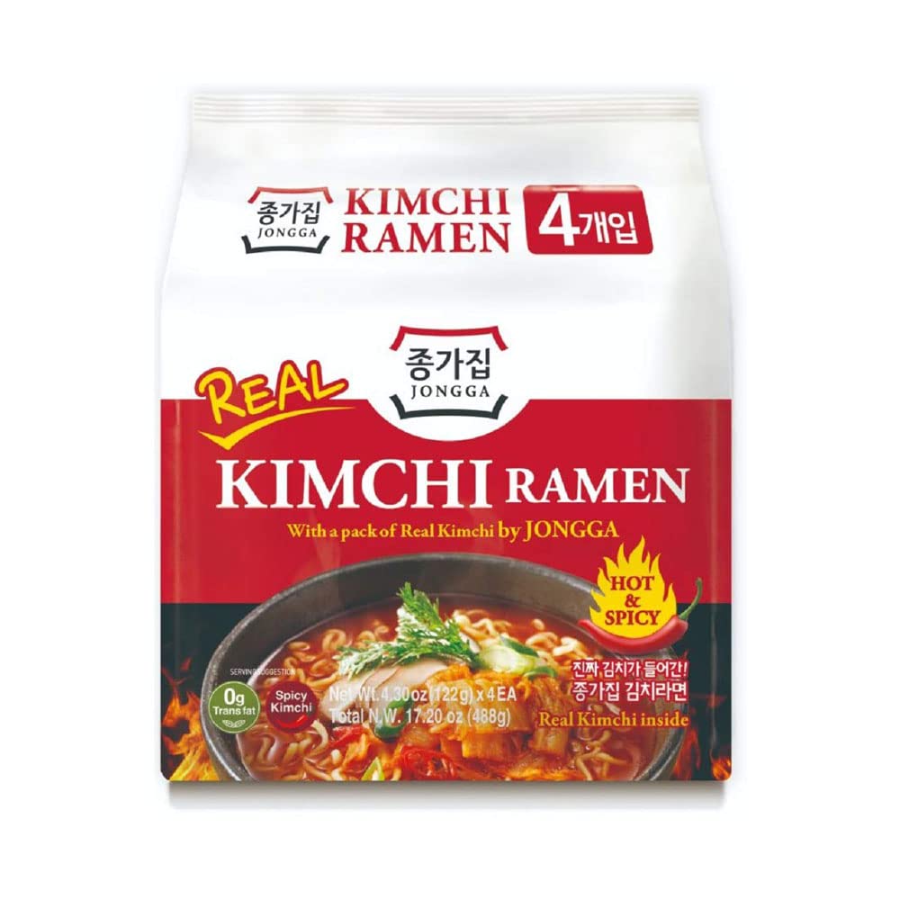 Jongga Kimchi Ramen With Real Kimchi Pack Of 4, Korean Instant Hot And Spicy Kimchi Noodle Soup, Authentic Savory Korean Kimchi