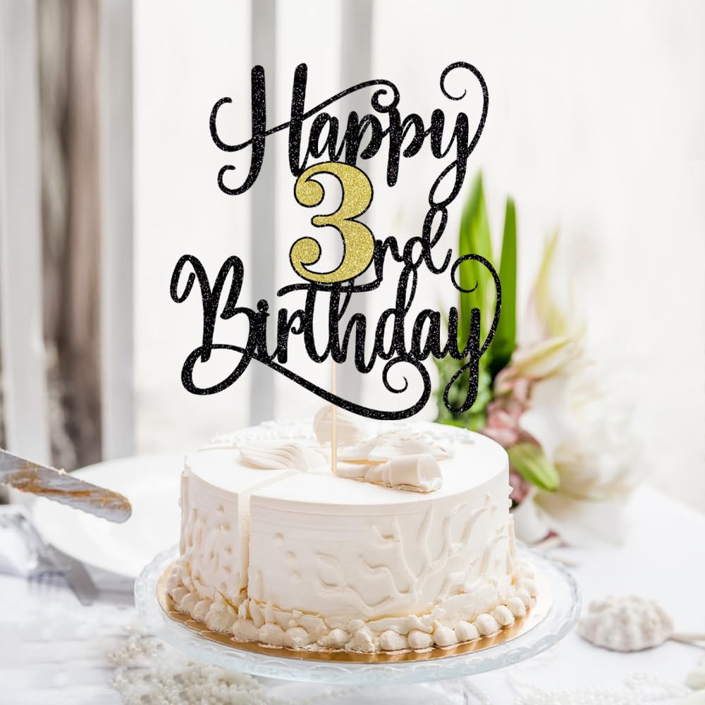 Happy 3Th Birthday Cake Topper, 3 Birthday Party Cake Decorations (Black And Gold Flashes, 3Rd)