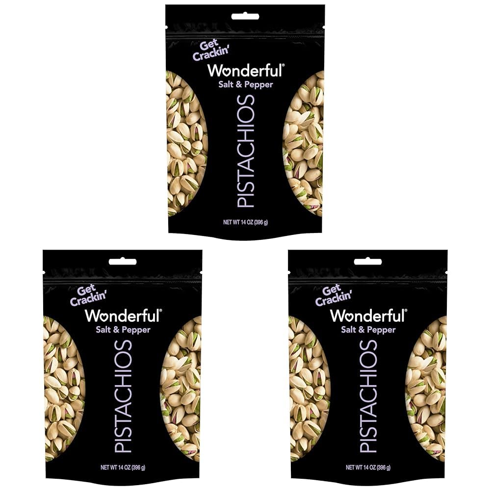 Wonderful Pistachios In Shell, Salt & Pepper Flavored Nuts, 14 Ounce Bag, Protein Snacks, Gluten Free, Healthy Snacks (Pack of 3
