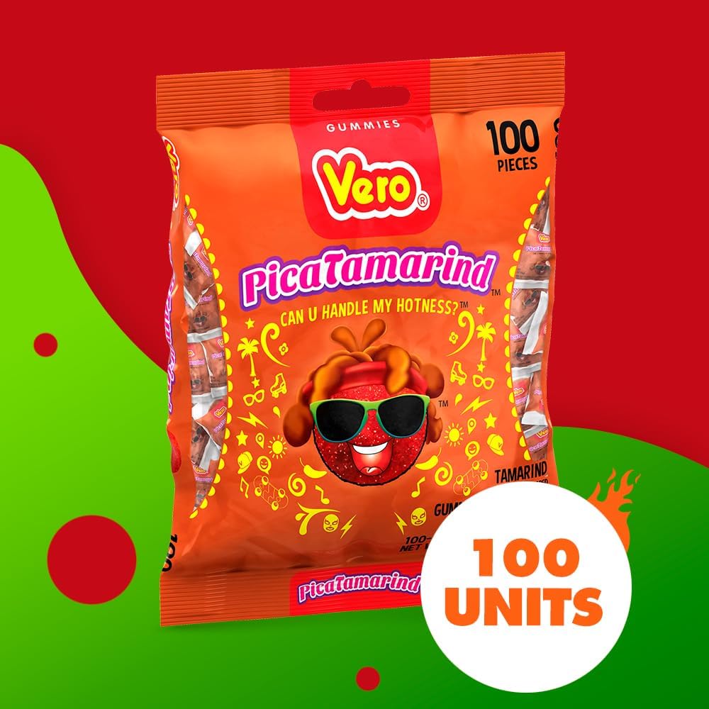 Vero Picatamarind - Tamarind Flavor Chewy Gummy Treats Coated With Chili Powder & Sugar 100 Pieces (5.15 Oz) - Mexican Candy - Individually Wrapped Gummies For Halloween, Piñatas, And More