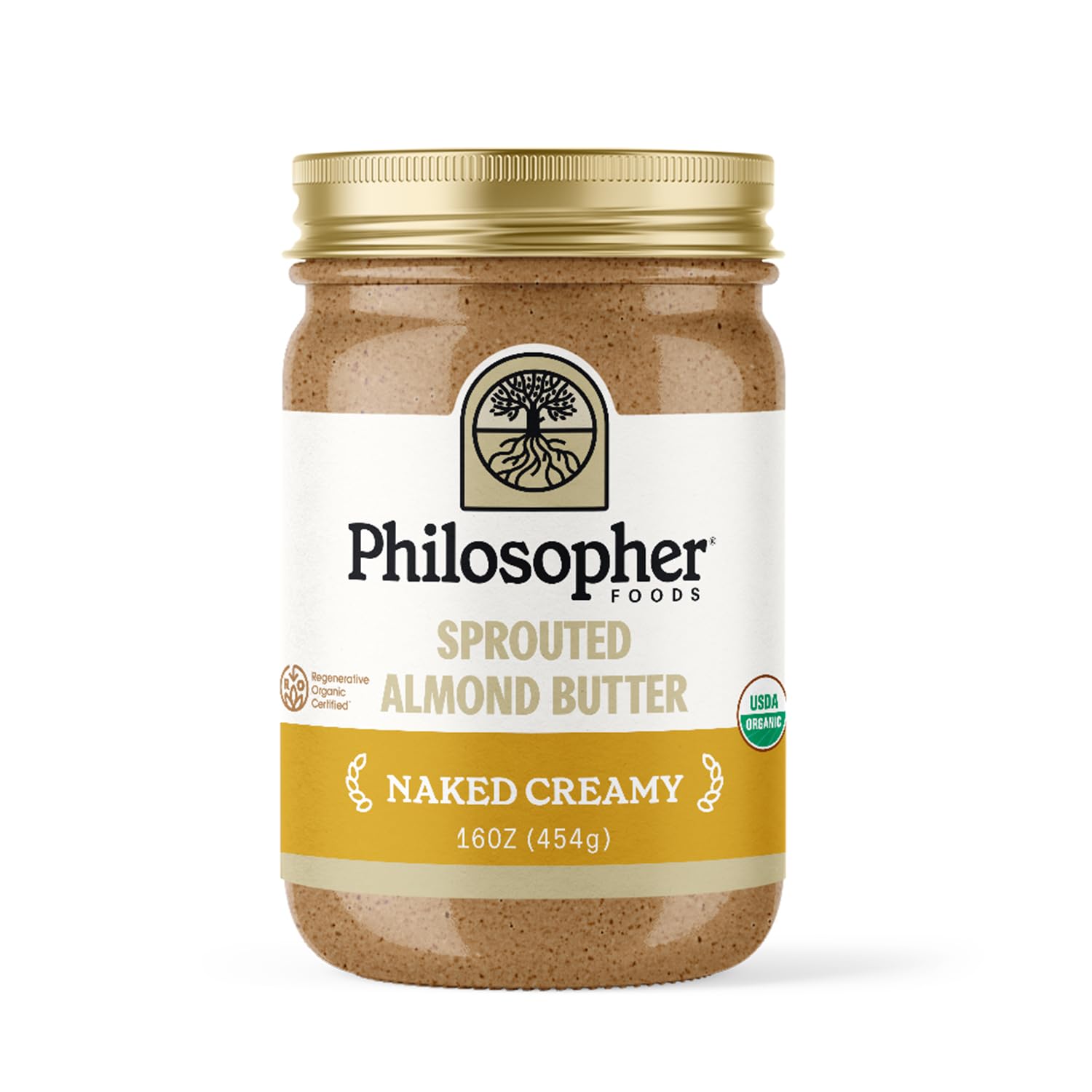 Philosopher Foods Naked Creamy Sprouted Almond Nut Butter, 16 Oz. - Silky Smooth Pourable Organic Butter, Natural Sweetness, Sto