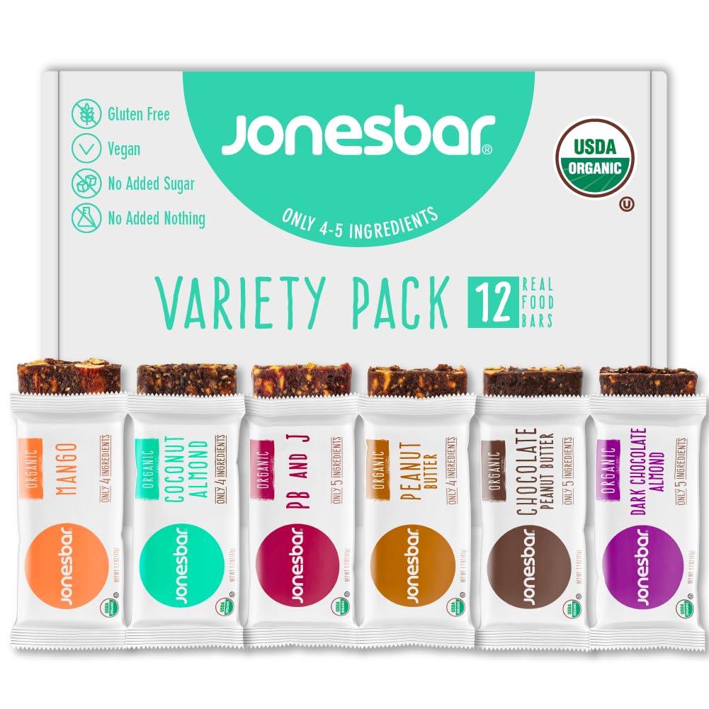 JONESBAR Organic Plant Based Protein Bars | 6 Flavor Variety Pack | Fruit & Nut Bar, Kosher, Gluten Free, Breakfast Bars, School