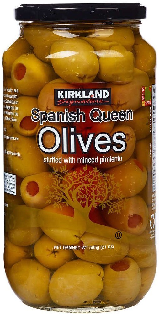 Kirkland Signature Spanish Queen Olives Stuffed With Minced Pimiento  21oz Glass Jar (Pack of 3  Total of 63 Oz)