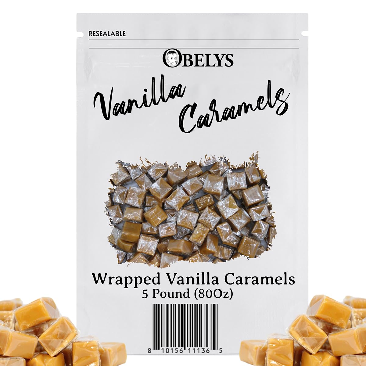 OBELYS Wrapped Vanilla Caramels - Individually Wrapped Candy - 5 Pound Bag - Approx. 340 Pieces - Perfect for Snacking and Gifting