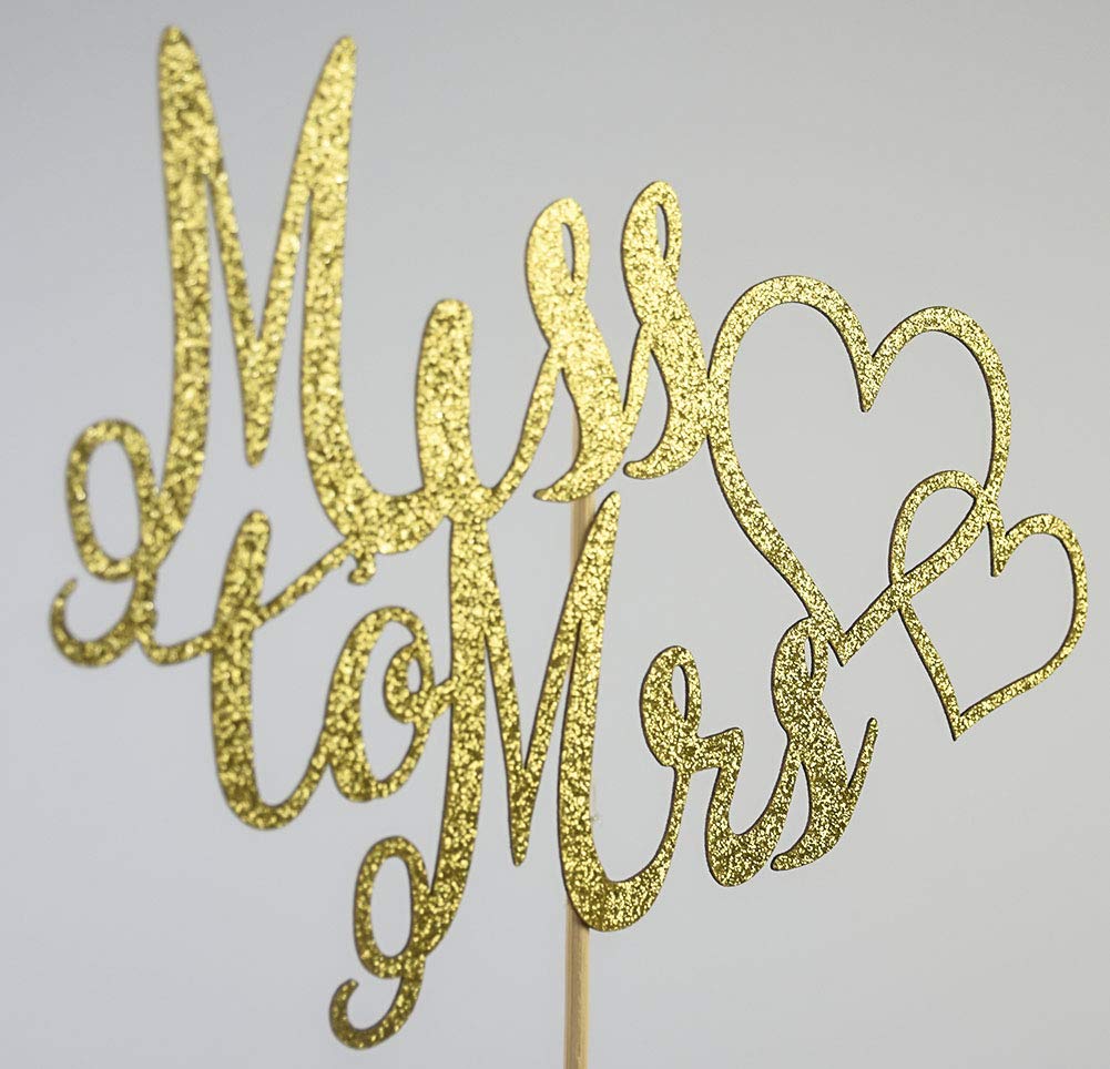 Miss To Mrs Cake Topper For Bridal Shower, Engagement, Wedding Party Decorations, Gold Glitter