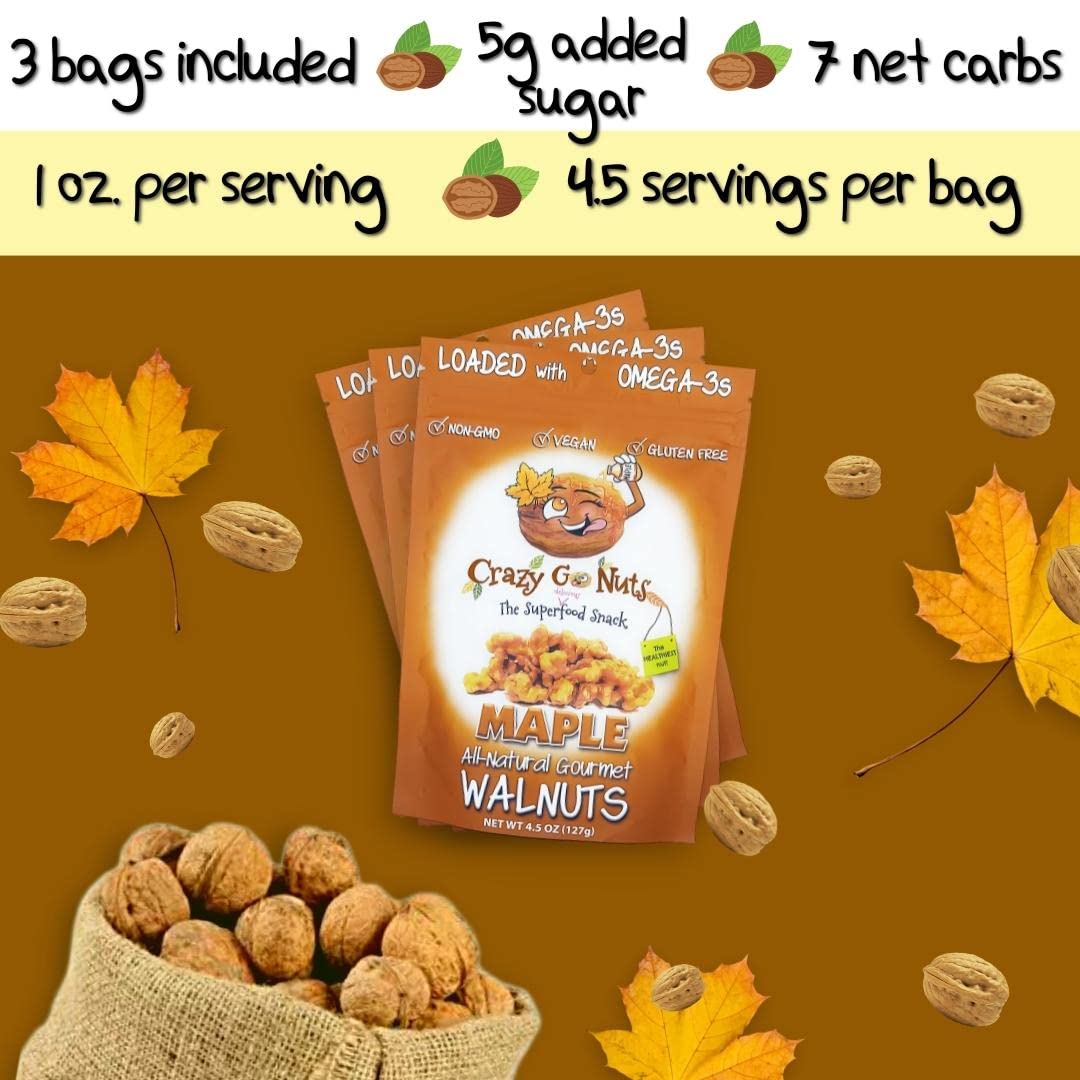 Crazy Go Nuts Walnuts - Maple, 4.5 Oz (3-Pack) - Healthy Snacks, Vegan, Low Carb, Gluten Free, Superfood - Natural, Non-Gmo, Ala