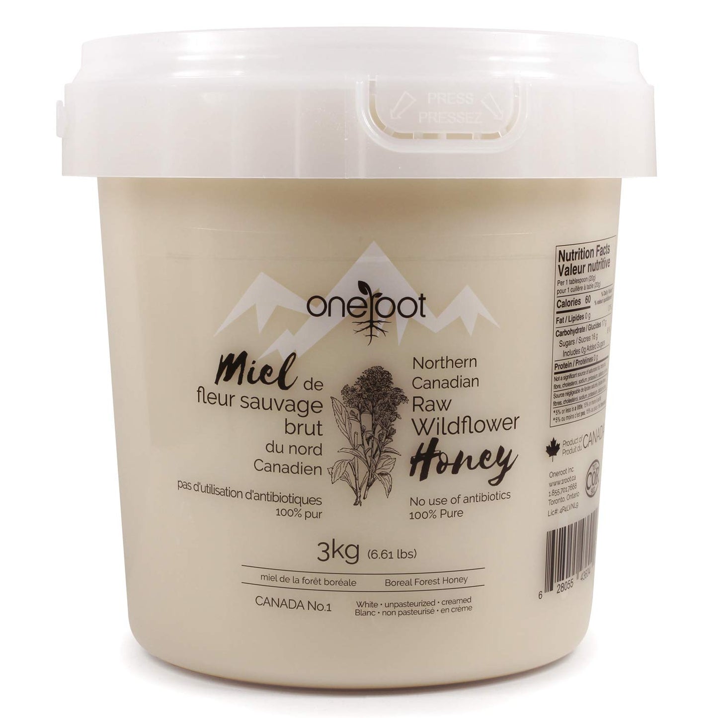 OneRoot 100% Canadian Flower Honey, Unfiltered & Creamed, 3kg/6.6lb