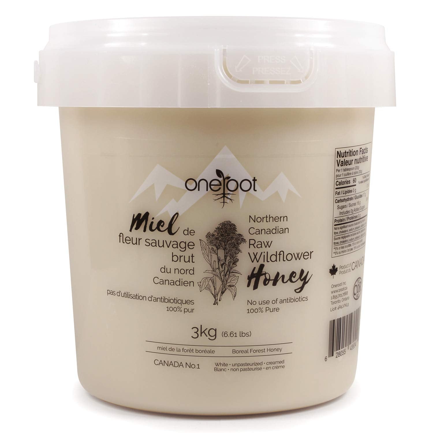 OneRoot 100% Canadian Flower Honey, Unfiltered & Creamed, 3kg/6.6lb