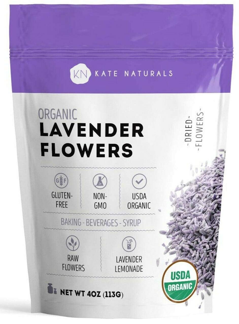 Kate Naturals Dried Lavender Flowers for Tea, Syrup, Lemonade, Soap Making. Edible Culinary Grade Buds (4oz, Organic, Food Grade