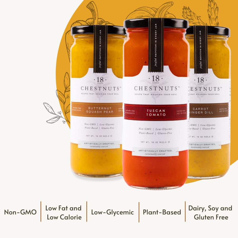 18 Chestnuts Plant Based Soup - Carrot Ginger Dill, Tuscan Tomato, And Butternut Squash Pear Soup Bundle, Plant Based & Gluten F