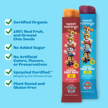 Sweet Nothings, PAW Patrol Multi Pack, USDA Organic Kids Squeezable Super Fruit Popsicle Pops, Value Pack of 24 - Dye-Free, No