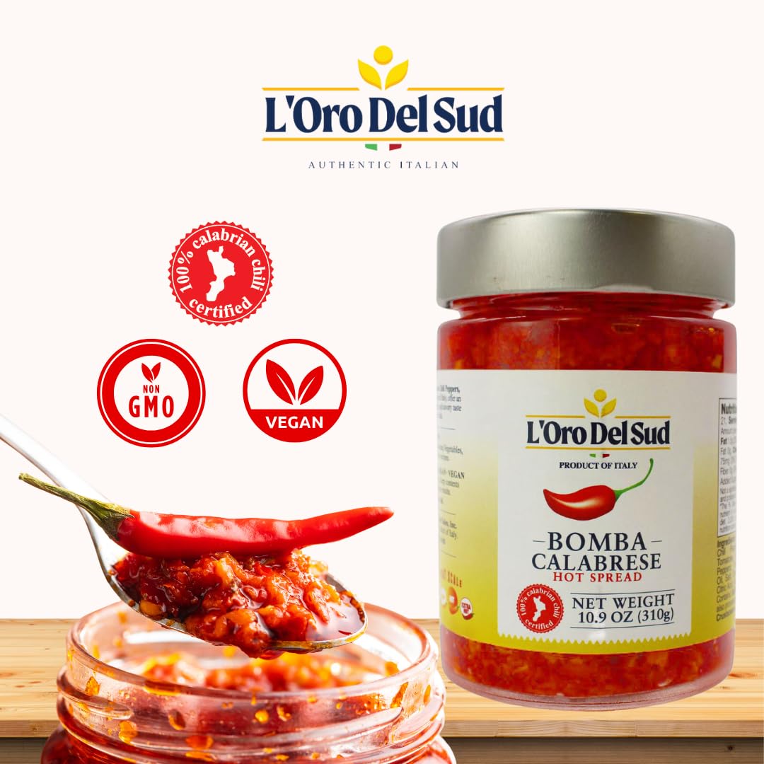 Calabrian Bomba Hot Pepper Sauce/Spread (10.9 Oz) 310G, Certified Authentic, Bomba Calabrese, Spicy Mixed Vegetable Spread, Prod