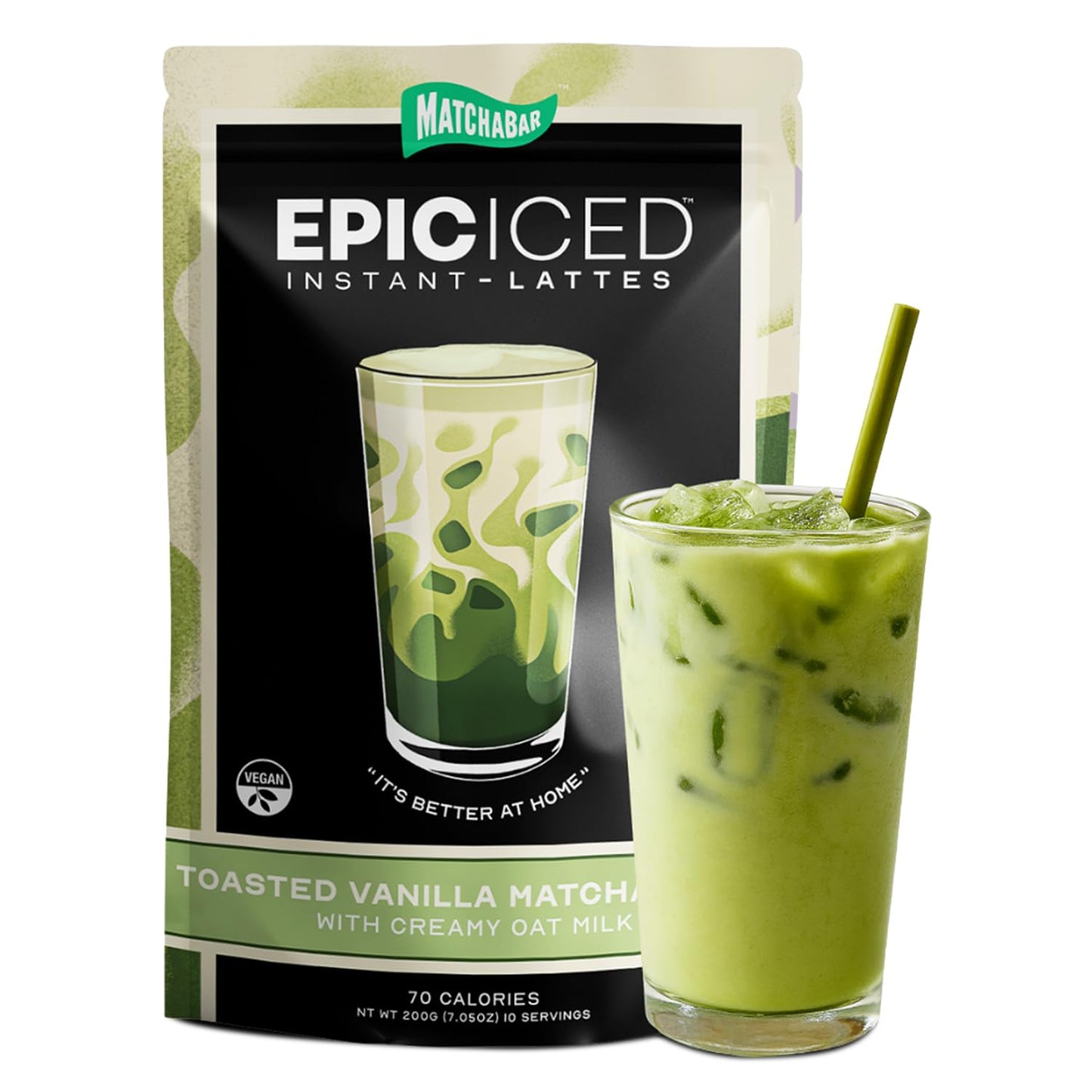 Matchabar Epic Iced Instant Latte Powder | Toasted Vanilla Matcha w/Oat Milk Base | Low Sugar, Non-Diary & Vegan Instant Iced Ma