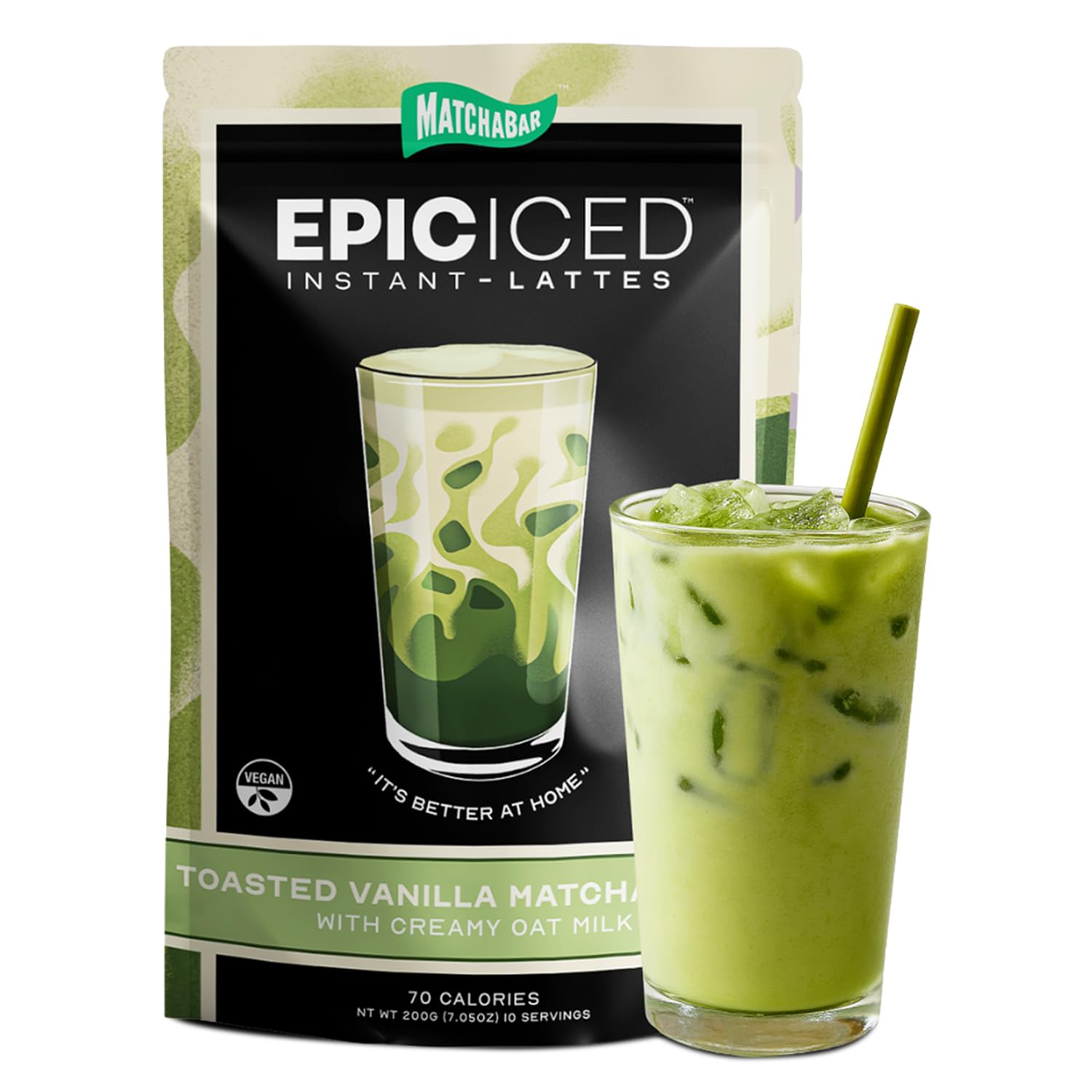 Matchabar Epic Iced Instant Latte Powder | Toasted Vanilla Matcha w/Oat Milk Base | Low Sugar, Non-Diary & Vegan Instant Iced Ma