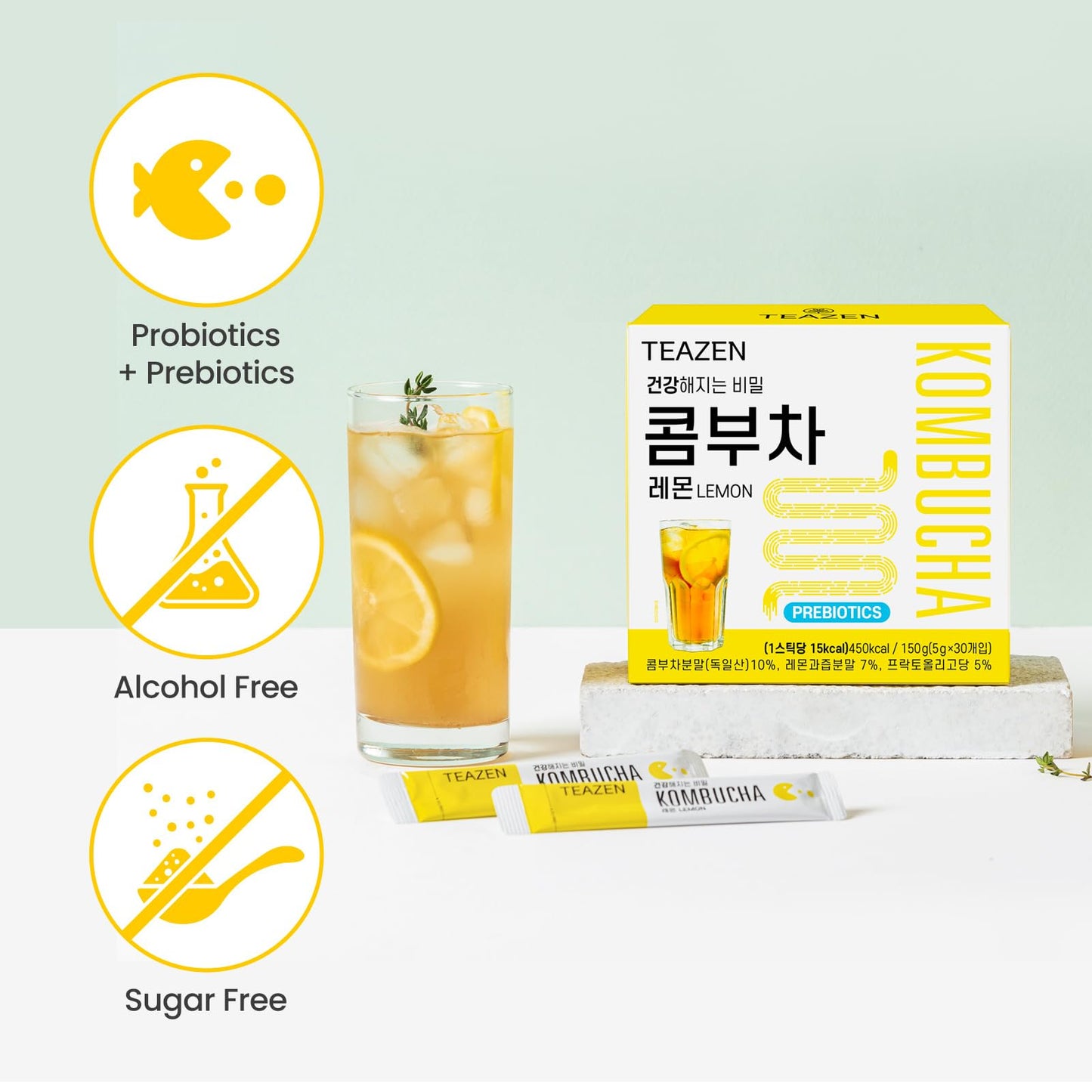 TEAZEN Lemon Kombucha Tea, Sugar Free Hydration Drink Mix, 30 Servings, Live Probiotics & Prebiotics