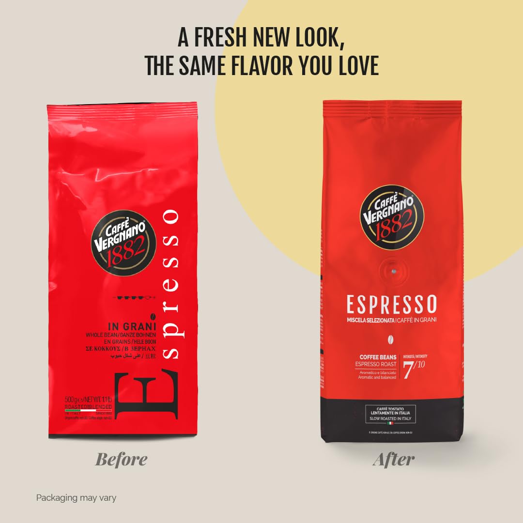 Caffe Vergnano 1882 Espresso Whole Bean Arabica Roast Coffee, 1.1 Lb Bag - Italian Medium Roast Coffee Beans With Notes Of Chocolate, Nuts & Caramel, Intensity 7/10-500G Bag
