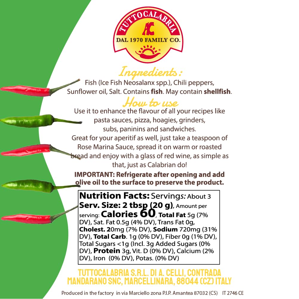 TUTTOCALABRIA TuttoCalabria, Rose Marina Sauce, 6.7oz (190 gr), Spicy Calabrian baby fish, Traditional recipe with EVO oil, Inte