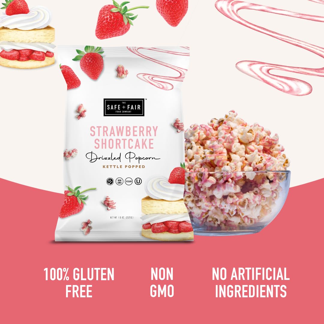 Safe + Fair Food Company Plant-Based Gourmet Strawberry Flavored Popcorn - Strawberry Shortcake Drizzled Kettle Corn Popcorn - N