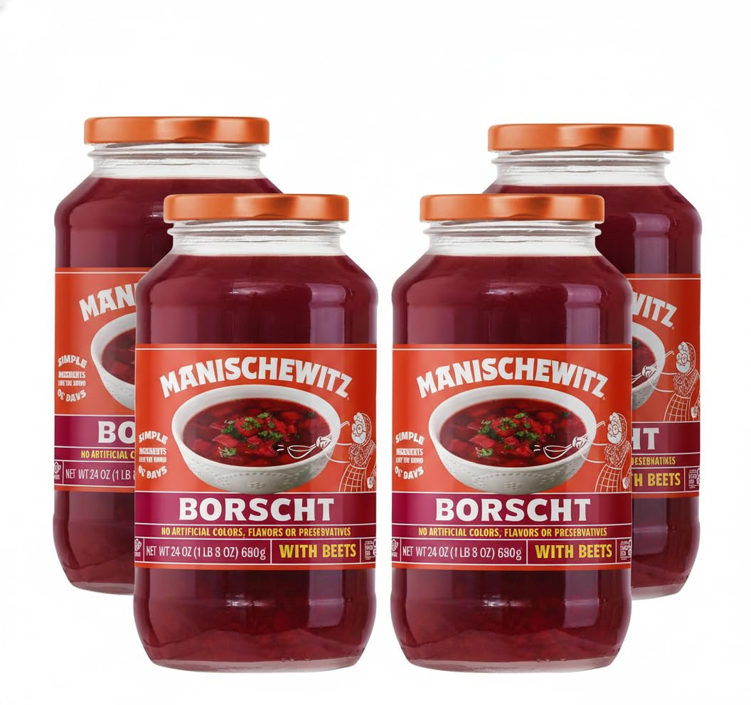 Manischewitz Borscht with Beets, 24 Oz (4 Pack) Tasty & Refreshing, Kosher for Passover