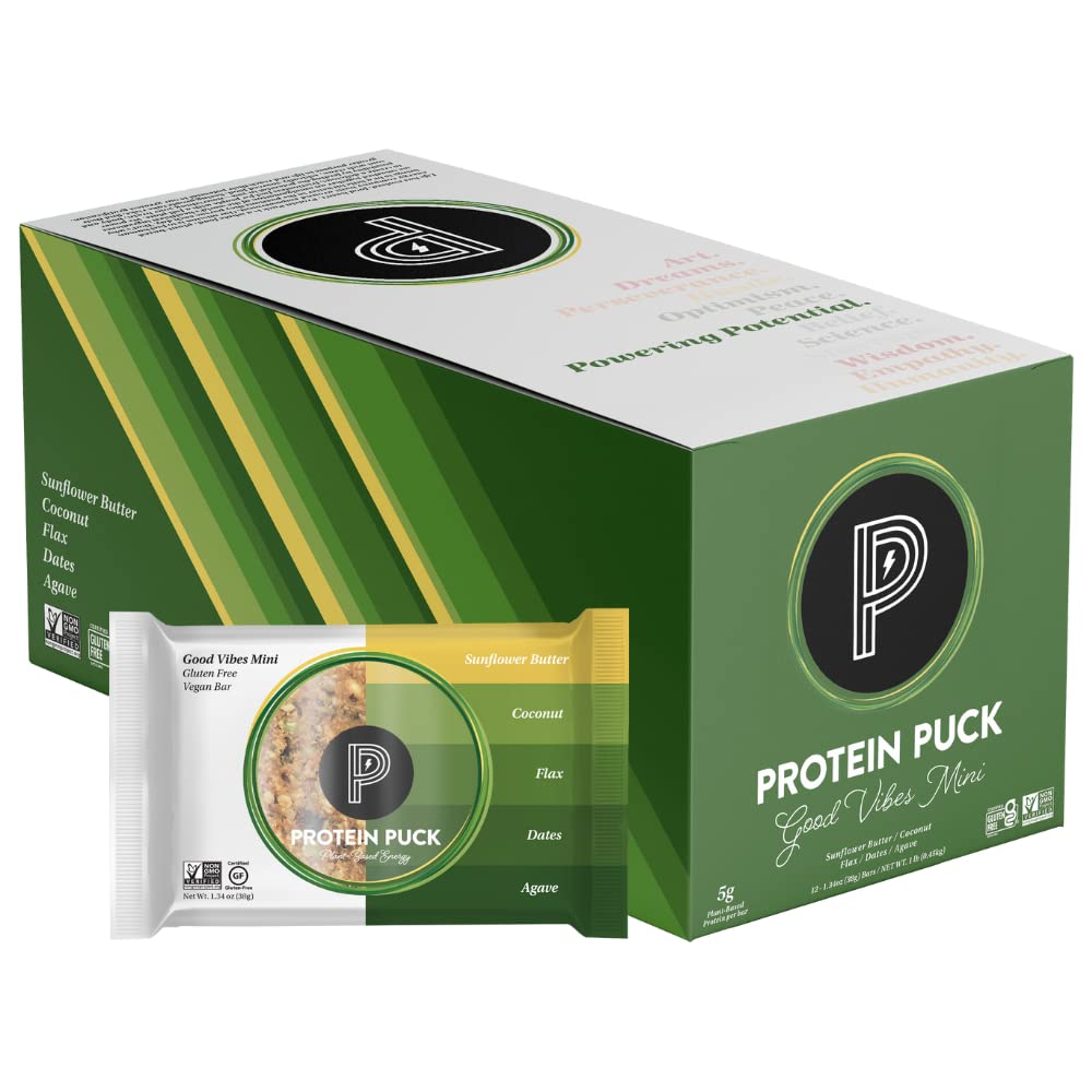 Protein Puck Vegan Plant Based Protein Bar – Natural Healthy Snack Bars, 12 Count, 1.34Oz Mini, Gluten Free, Dairy Free, No Gmo, Kosher – Good Vibes - Coconut, Almonds, Dates, Sport Nutrition