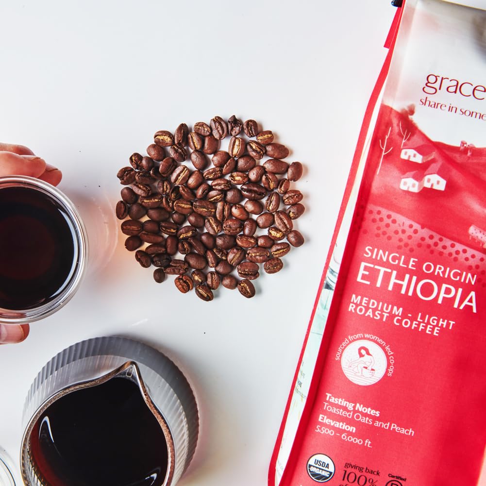 Grace Farms, Organic Whole Bean Coffee, Single Origin Ethiopia Medium-Light Roast, 12Oz Bag, 1 Count | Notes Of Toasted Oats & P