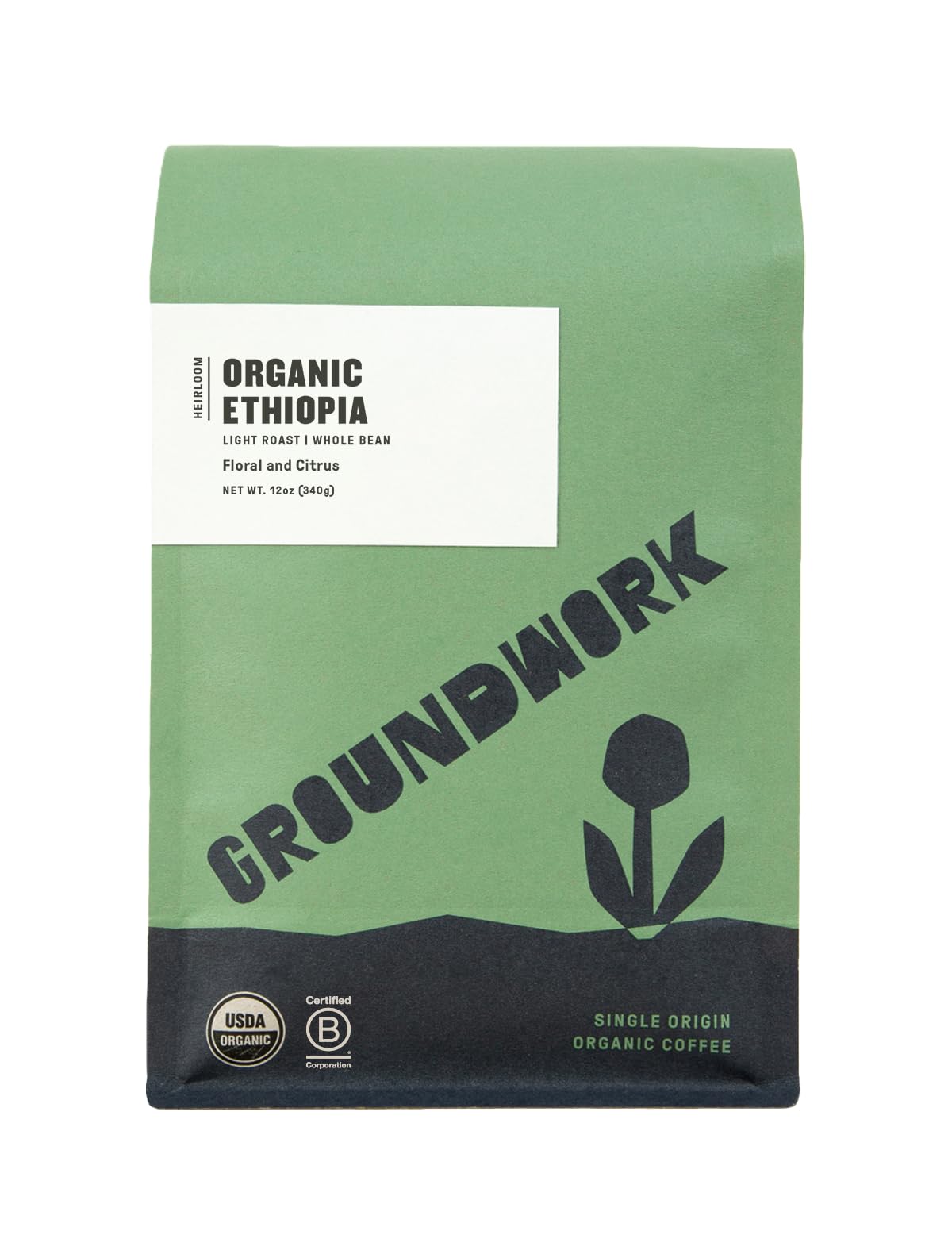 Groundwork Ethiopia Heirloom Blend - Whole Bean Coffee Light Roast - Certified Organic Single Origin Coffee - 12Oz (Pack Of 1)