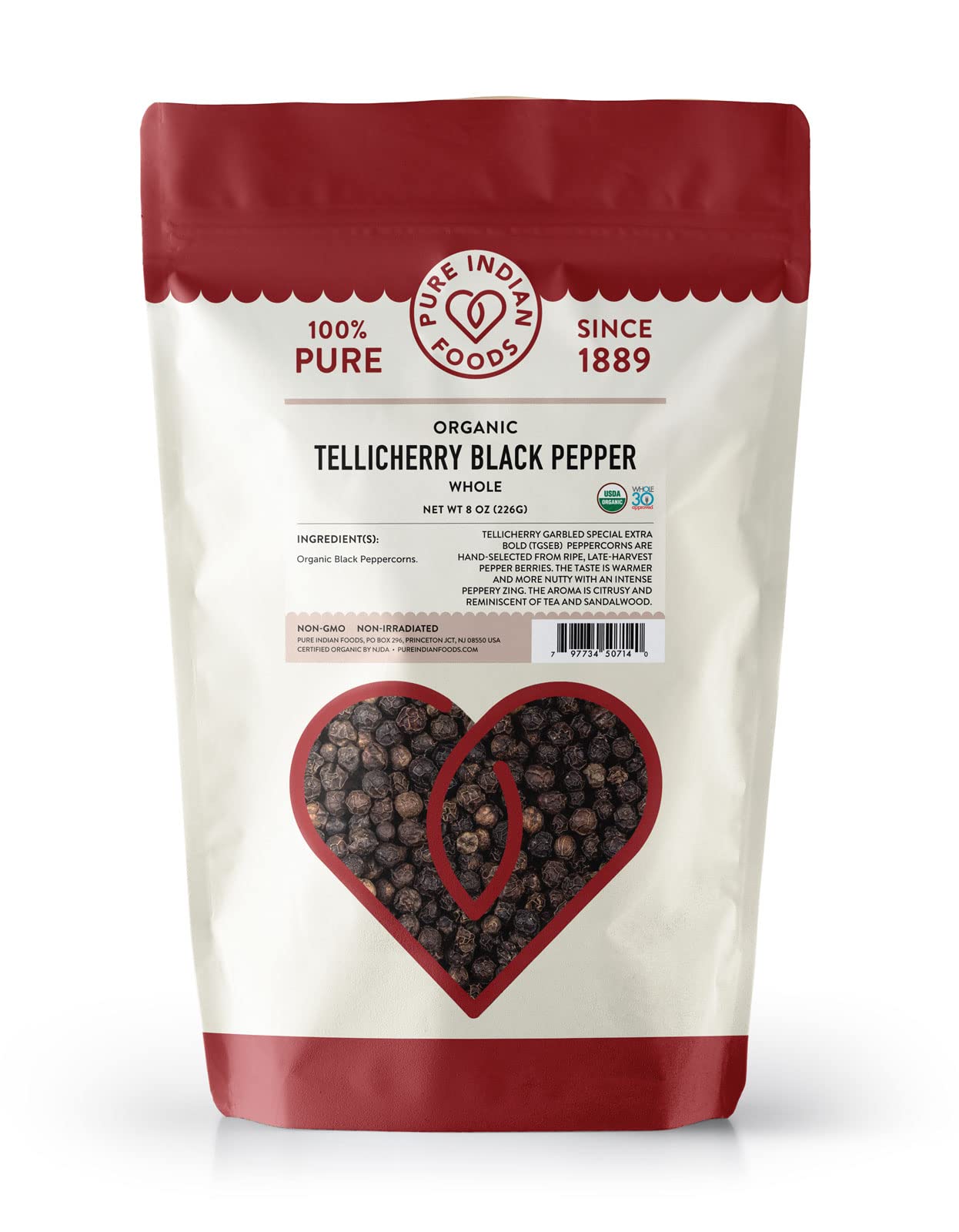 Tellicherry Black Peppercorns, Certified Organic (8 oz)
