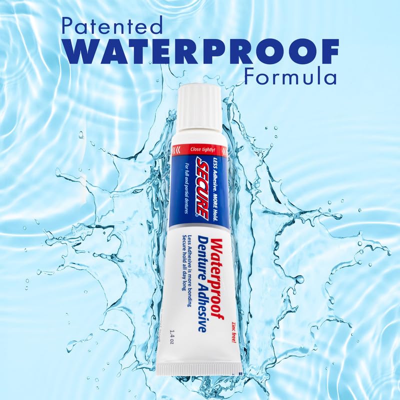 Secure Waterproof Denture Adhesive - Zinc Free - Extra Strong Hold For Upper Lower Or Partials - 14 Oz
