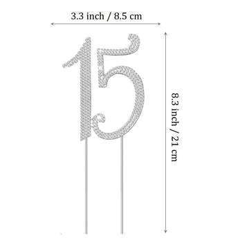 Janou 15 Cake Topper Number 15 Crystal Rhinestones 15Th Cake Decoration For Birthday Anniversary Party Decoration (Silver)