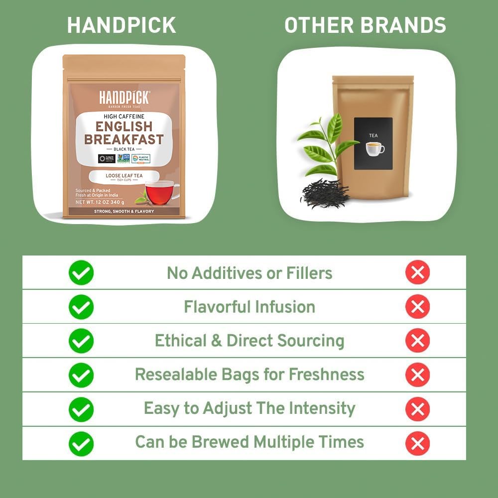 HANDPICK English Breakfast Loose Leaf Tea, Strong & Robust, 340g, Non-GMO, Resealable Ziplock Pouch