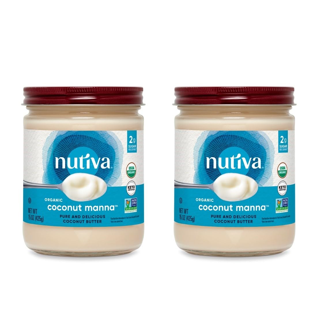 Nutiva Organic Coconut Manna Pur  ed Coconut Butter, 15 Oz (Pack of 2), USDA Organic, Non-GMO, Whole 30 Approved, Vegan, Gluten-