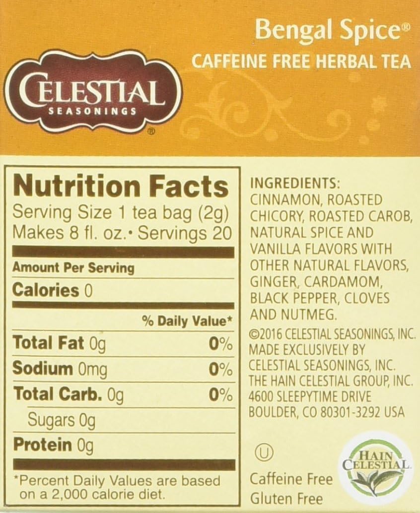 Celestial Seasonings Herbal Tea Bengal Spice Caffeine Free 20 Count Pack of 6