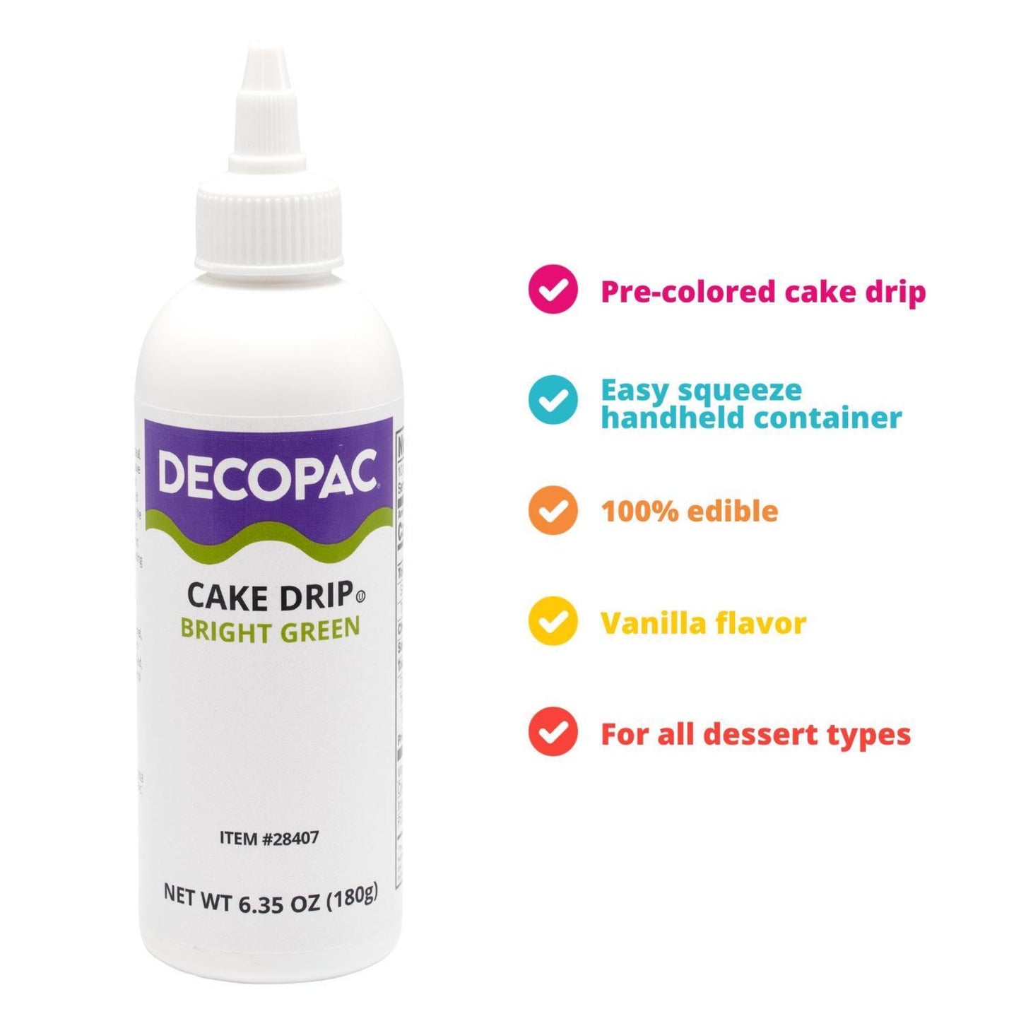 Decopac Cake Drip, Bright Green Color, Vanilla Flavor, Matte Like Chocolate, 6.35 Oz