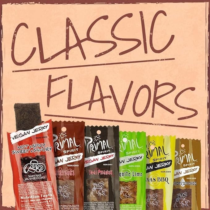 Primal Spirit Vegan Jerky Sampler Pack, Plant Based Protein, 10g, 12-Pack, 1 Ounce each, Non-GMO