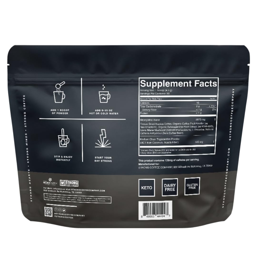 Strong Coffee Company, Instant Black Coffee - 30 Servings, Extreme Focus, Adaptogen Coffee, No Jitters, No Crash