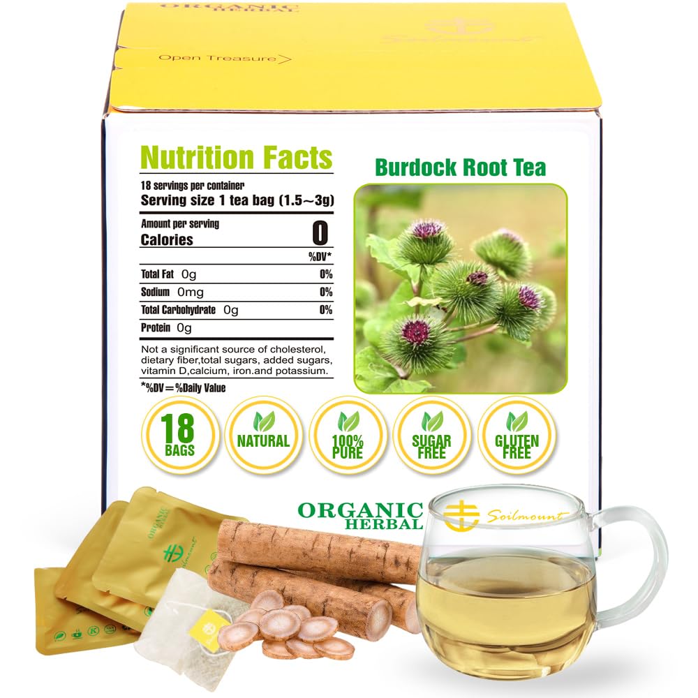 Soilmount Organic Burdock Root Tea - Caffeine-Free Herbal Tea - 18 Individually Wrapped Tea Bags