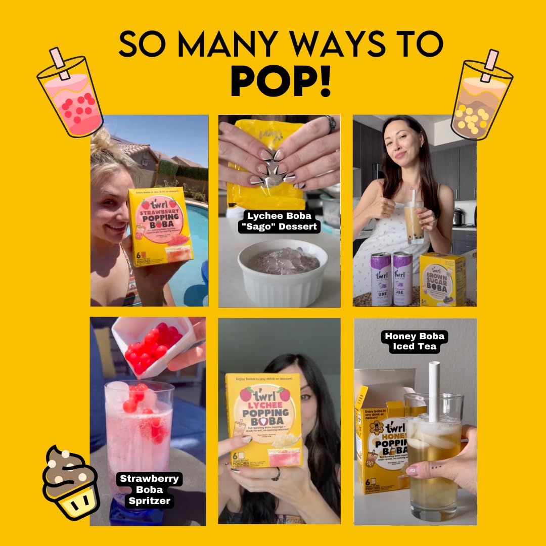 Twrl Lychee Popping Boba for Bubble Tea - Cafe Style Bursting Juice-Filled Pearl Toppings at Home  Instant  Plant-Based  Gluten-Free  Dye-Free  No High Fructose Corn Syrup - 6 Single Servings