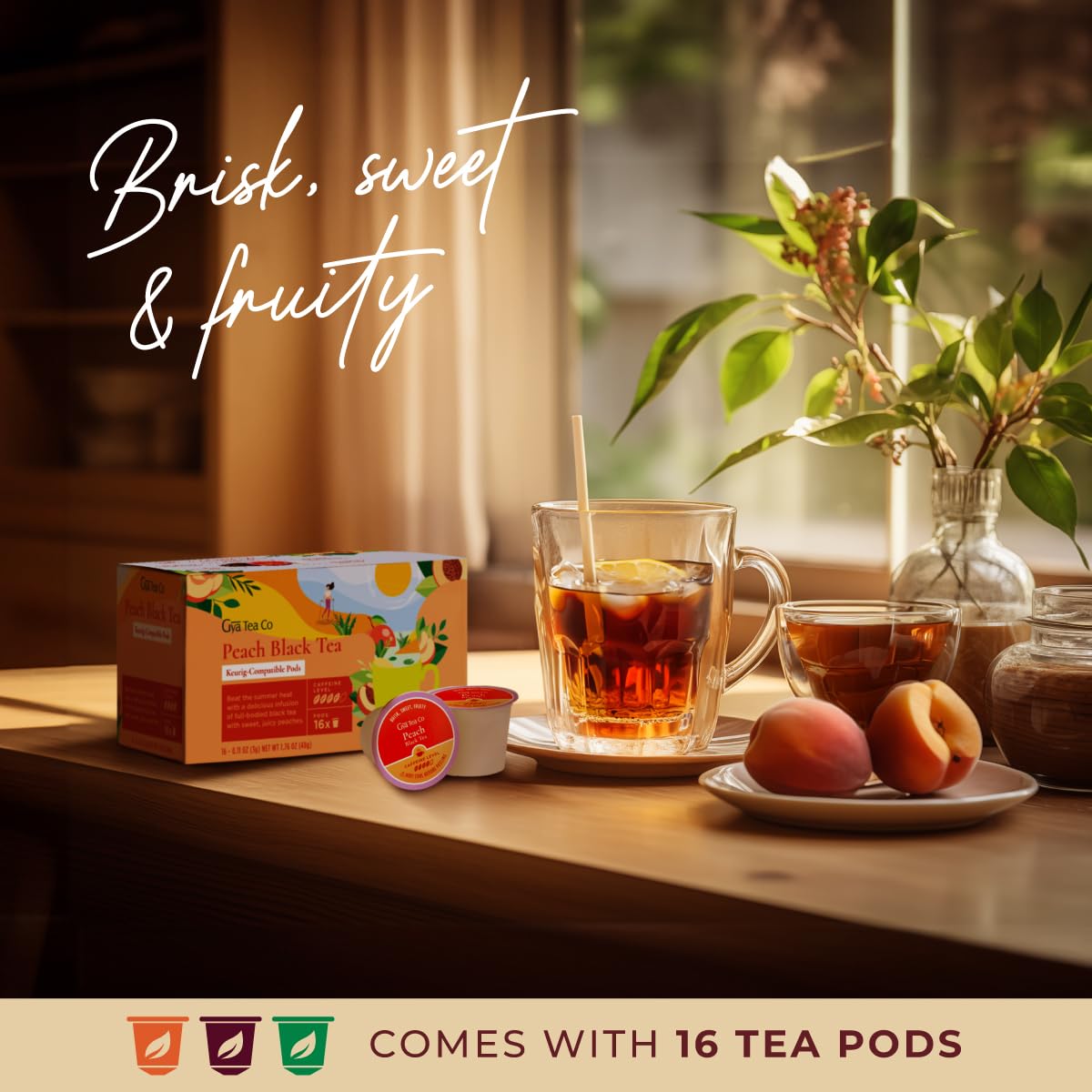 Gya Tea Co Peach Black Tea Pods - Caffeinated, Smooth & Robust, 16 Count Pack